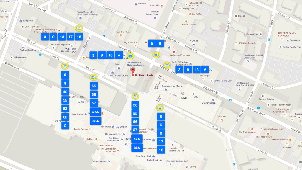 map of Ala Moana bus stops